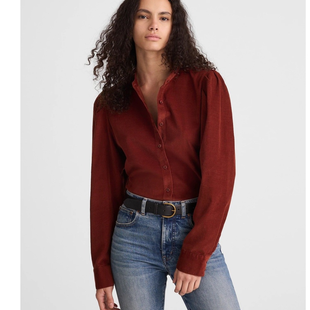 Madewell Puff Sleeve Button Up Shirt Womens Medium Corduroy Redwood Burgundy‎